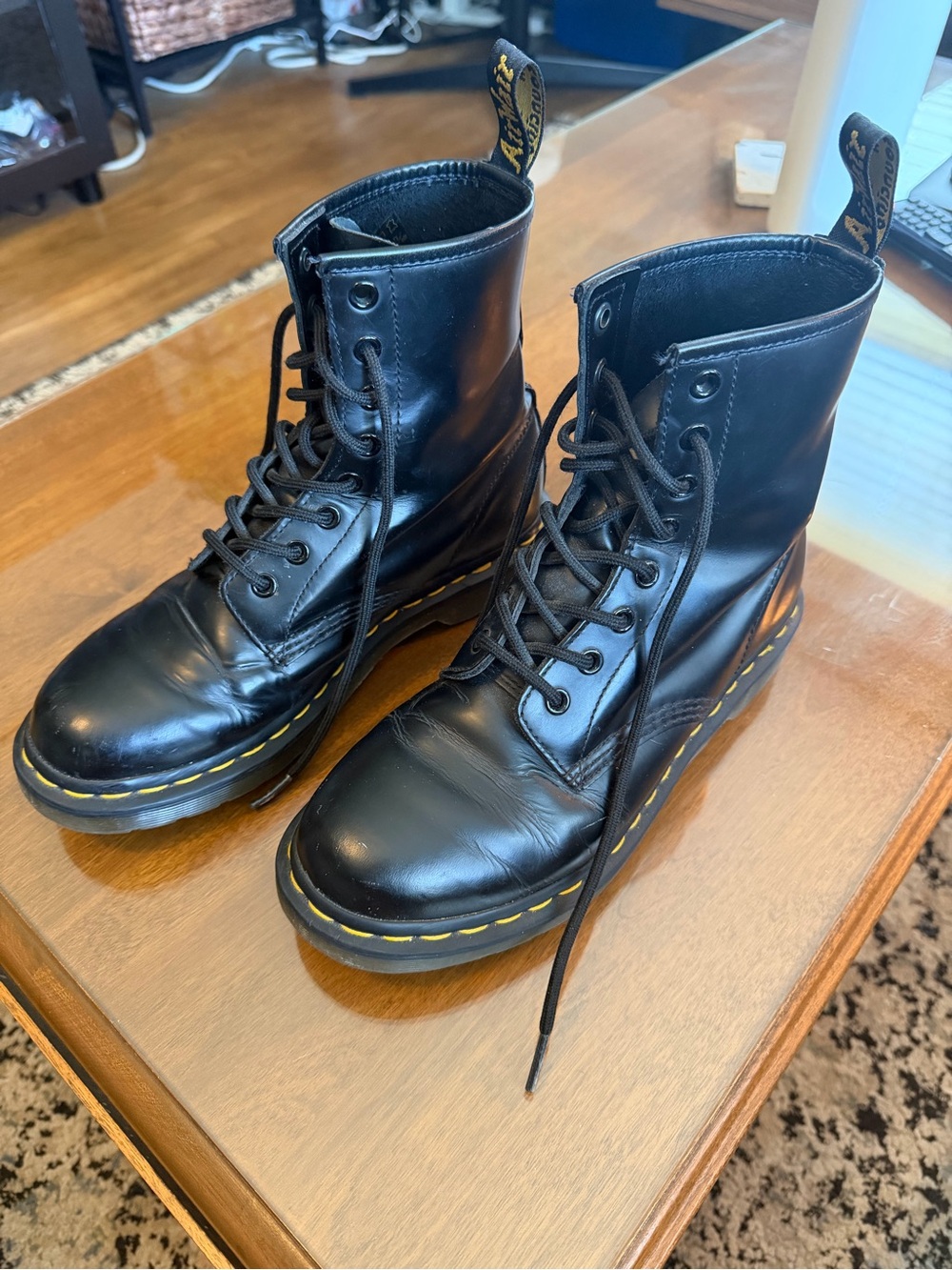 Dr. Martens 1460 Black Leather Lace-Up Boots with Yellow Stitching